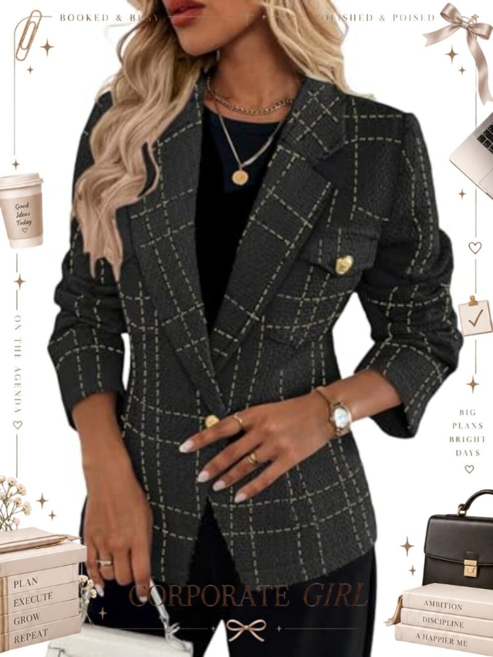 Women's Tweed Blazer Plaid Slim Fit Fully Lined Notch Collar Work Office Jacket